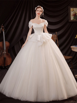Shop Annakoo 2021 Puffy Sleeves Tulle Satin Ball Gown Ruffles Off The Shoulder Wedding Dress Under 145