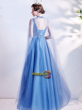 Wrap V Neck Sequin Tulle Lace Up A Line Prom Dress