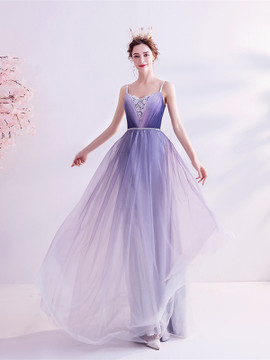 Buy ANNAKOO 2021 Spaghetti Straps Purple Beading A Line Flowers Pleats Prom Dress Under 99