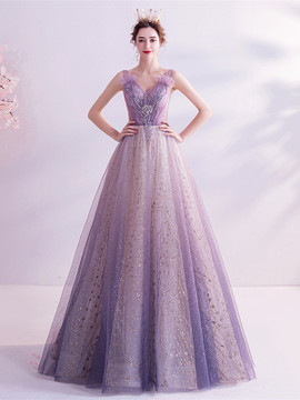 V Neck Flowers Sequin Purple Sequin Long Prom Dress