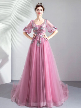 Shop ANNAKOO 2021 Half Sleeve Pink Beading Scoop A Line Flower Prom Dress Under 125