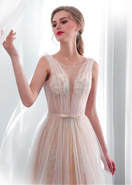 Belt Tulle Scoop See-through Bodice A-line Wedding Dress