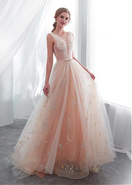Belt Tulle Scoop See-through Bodice A-line Wedding Dress