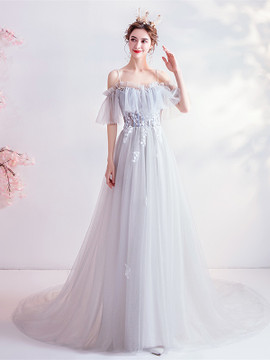 Shop 2021 Annakoo Spaghetti Straps Light Blue Tulle Appliques See Through Prom Dress Under 129