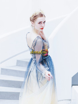 Shop 2021 Annakoo Beading Blue Long Sleeve Tulle A Line Lace Up Prom Dress Under 128