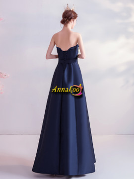 Buy New Arrival Navy Blue Strapless Satin Appliques A Line Long Prom Dress