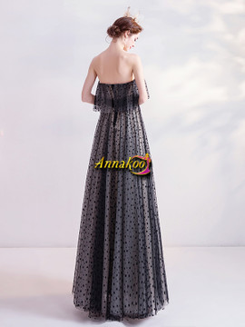 Vintage Polka Dot Off Strapless Tulle A Line Black Prom Dress