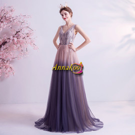 Purple V Neck Sequin Floor Length Unique Prom Dress