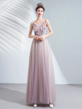 Shop 2021 Purple Flower V Neck Tulle See Through A Line Prom Dress Under 128