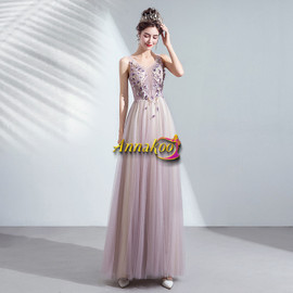 Purple Flower V Neck Tulle See Through A Line Prom Dress