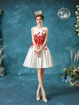 Shop Annakoo 2021 Red Scoop Knee Length Satin Appliques Flower Prom Homecoming Dress Under 128