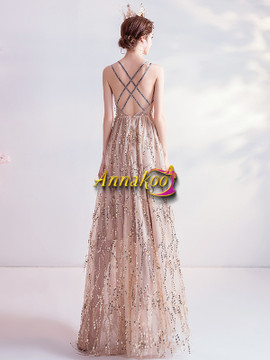 Shop 2021 Spaghetti Straps Gold Sequin Tulle Criss Back Prom Dress
 Under 128