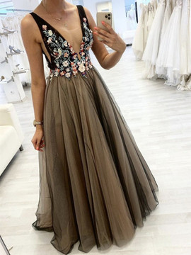 V Neck Brown Coffee Tulle A Line 3D Flower Appliques Prom Dress