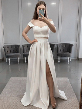 Shop 2021 Annakoo  Two Piece Ivory Satin Straps Long Prom Dress With Slit Under 109