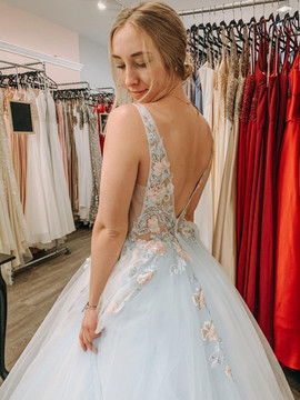 Shop Annakoo 2021 V Neck Blue Flower Appliques Backless Tulle Prom Dress Under 225