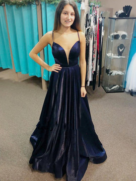 Buy 2021 Cheap Spaghetti Straps Navy Blue Satin A Line Long Prom Dress Under 99