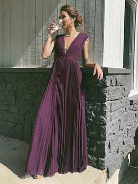 Buy Annakoo V Neck Grape Chiffon Pleats Floor Length Prom Dress Under 129