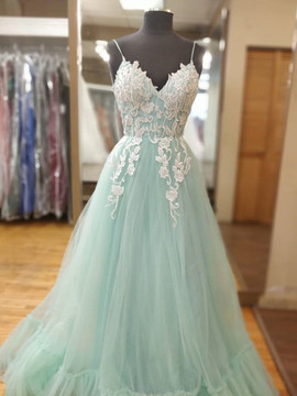 Shop 2021 Mint Green Tulle Appliques Spaghetti Straps A Line Prom Dress Under 159