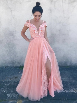 Shop 2021 Pink Off The Shoulder Chiffon Appliques Long Prom Dress Under 149