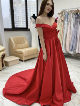 Shop 2021 Annakoo Red Off The Shoulder Satin Sweep Train Long Prom Dress With Bowknot Under 128