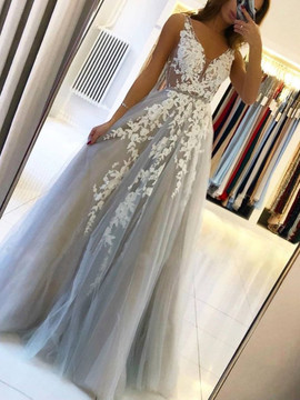 Shop 2021 V Neck Appliques Gray Tulle Floor Length Backless Prom Dress Under 168