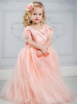 Appliques Beading Bowknot Pink Tulle Flower Girl Dress