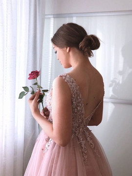 Shop 2021 V Neck Pink Flower Appliques Tulle Long Prom Dress Under 155