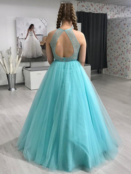 Shop 2021 Turquoise Blue Halter Beading Ball Gown Keyhole Back Tulle Prom Dress Under 188