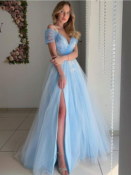 Shop 2021 New Off The Shoulder Light Blue Appliques Tulle Prom Dress With Slit Under 149