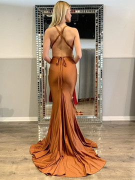 Coffee Brown Spandex Backless Belt Sheath Column Prom Dress