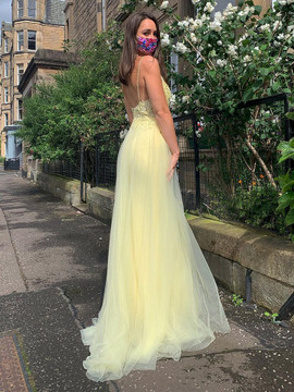 Daffodil Yellow Tulle Beading Spaghetti Straps Long Prom Dress With Slit