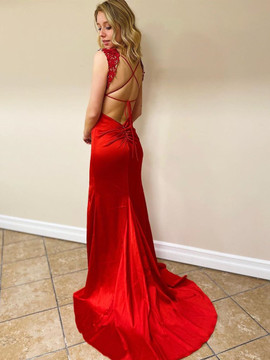 Shop 2021  Sexy Red Satin & Lace Sheath Column Prom Dress With Slit Under 149