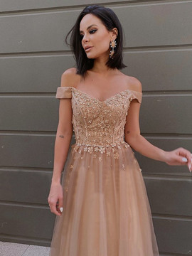 Off The Shoulder Champagne Beading Flower Tulle Prom Dress