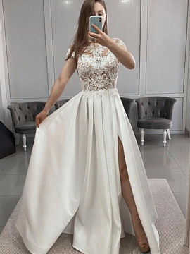 Buy Cheap White Scoop Appliques Short Sleeve Satin Lace Beading Prom Dress Under 188