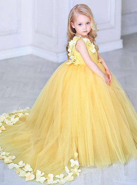 Ball Gown V-Neck Long Yellow Tulle Flower Girl Dress 