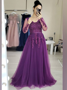Shop 2021 Grape Purple Long Sleeve V Neck Beading Tulle Prom Dress Under 168