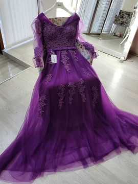 Shop 2021 Grape Purple Long Sleeve V Neck Beading Tulle Prom Dress Under 168