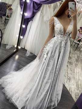 Buy Cheap 2021 Gray Tulle V Neck Peals Appliques Backless A line Prom Dress Under 189