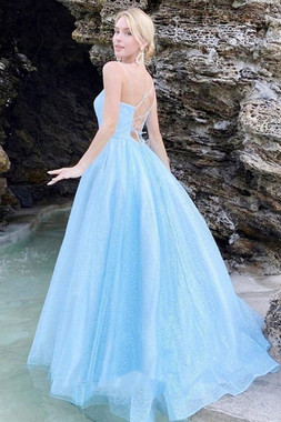 Light Blue Sequin Tulle Spaghetti Straps Prom Dress