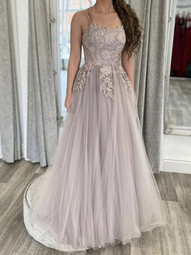 Shop 2021 Annakoo Tulle Gray Appliques A Line Spaghetti Straps Romantic Prom Dress Under 139