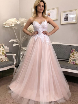 Buy Cheap 2021 Pearl Pink Sweetheart Appliques Tulle A Line Prom Dress Under 148