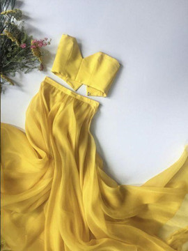 Yellow Satin Tulle Two Piece Sweetheart Floor Length Prom Dress
