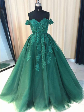 Off The Shoulder Dark Green Tulle Appliques A Line Elegant Prom Dress