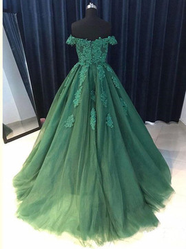 Off The Shoulder Dark Green Tulle Appliques A Line Elegant Prom Dress