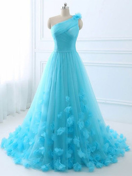 Turquoise One Shoulder Tulle Flower Long Formal Prom Dress