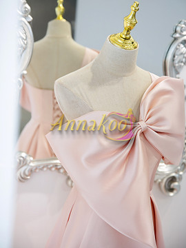 Buy 2022 Annakoo One Shoulder Pearl Pink Satin Floor Length Bowknot Lace Up Corset Prom Dress Under 139