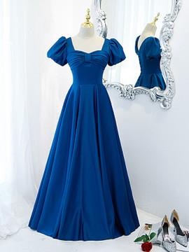 Buy 2022 Annakoo Dark Blue Satin Lace Up Floor Length Pleats Long Formal Prom Dress Under 138
