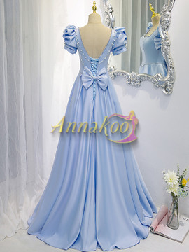 Buy 2022 Annakoo Sky Blue Satin Backless Beading Pearls Lace Up Square Neck Prom Dress Under 158