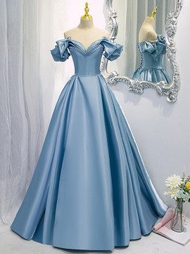 Buy 2022 Princess Laser Satin Off The Shoulder Puffy Sleeves A Line Blue Formal Prom Dress Under 158