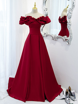 Buy Annakoo 2022 Off The Shoulder Wine Red Satin Ruffles A Line Prom Formal Dress Under 138